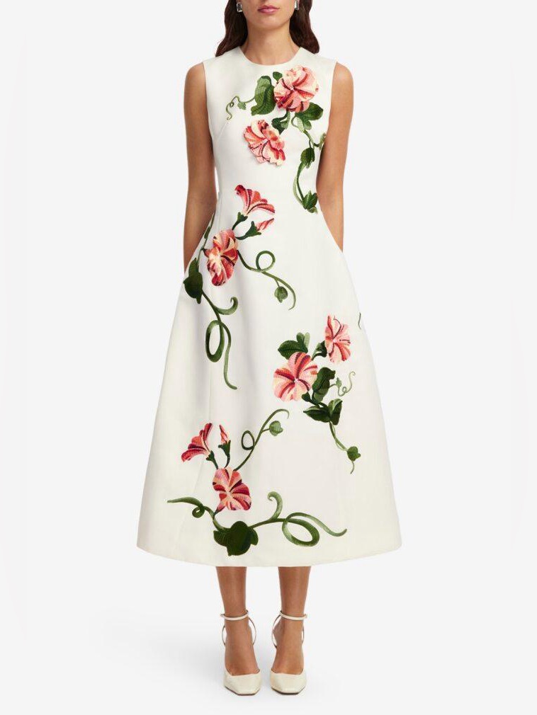 Nwt Leo Lin Cleo Applique Sleeveless Midi Dress In Vine Print In Snow Us 8